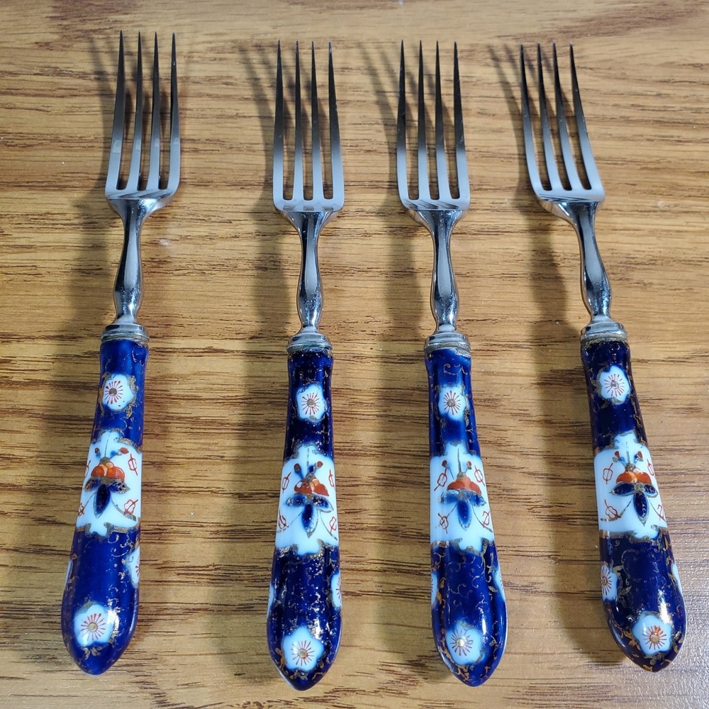 4 Floraine E Lewis Forks Blue Porcelain Handle Sheffield England Stainless Set